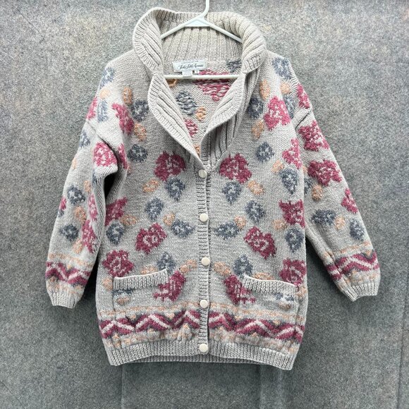 Saks Fifth Avenue Sweaters - Saks Fifth Avenue Cardigan Sweater Womens Small Gray Floral Hand Knit Wool
